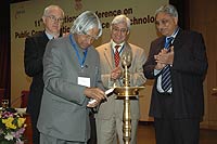 Chief Guest Dr. APJ Abdul Kalam, H.E. Former President of India, Dr. Kamal Kant Dwivedi (Adviser & Head, National Council for S&T Communication, DST, Govt. of India), Dr. Shailesh Naik (Secretary, MES, Govt. of India) and Mr. Toss Gascoigne (President, PCST Network) at the inaugural fucnction of 11th PCST-2010 on December 7, 2010